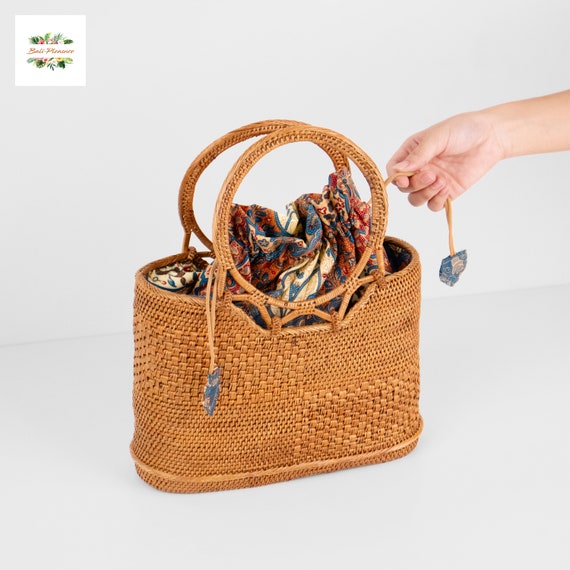 Sundung Batik Rattan Bag - Boho Rattan Basket - Handwoven Beach