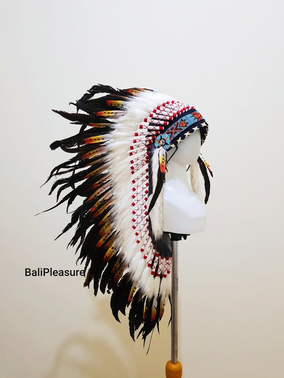 Indian Headdress White & Black Replica - Feather Warbonnet - Native American Feathers Hat - Festival Costume - Indian Hat - Medium Length