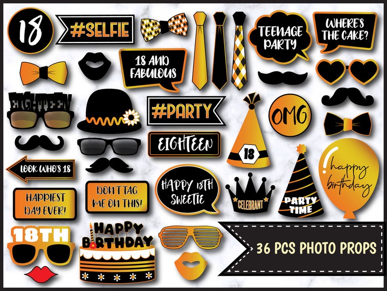 Birthday Party Props PDF File 0096 18th Birthday Photo Booth Props in Black and Gold Printable Photo Booth Props
