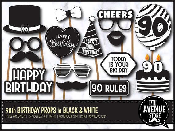 90th Birthday Photo Booth Props In Black And White Printable Etsy
