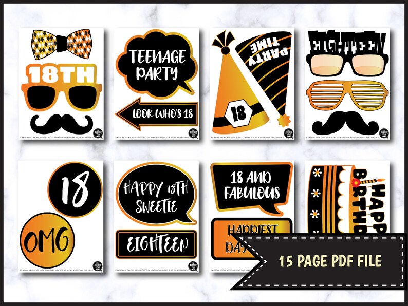 Birthday Party Props PDF File 0096 18th Birthday Photo Booth Props in Black and Gold Printable Photo Booth Props