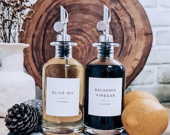 Set of 2 Minimal Glass Bottles Olive Oil/Vinegar Dispenser 350ml w Personalisation Waterproof labels and collapsible silicone funnel