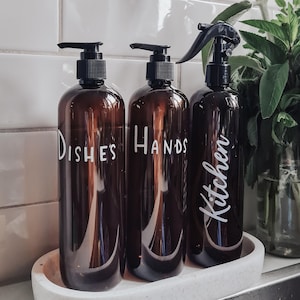 Kitchen Bottles, Hand Wash Dispenser/ Sink Bottles Amber Tint 500ml//Personalised Labels //Kitchen Decor/Refillable Pump Bottles image 2