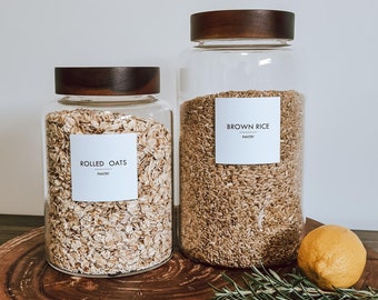 Extra Large glass storage jars with Acacia lids / Pantry jars / Kitchen Storage//Personalised Waterproof Minimalist Label