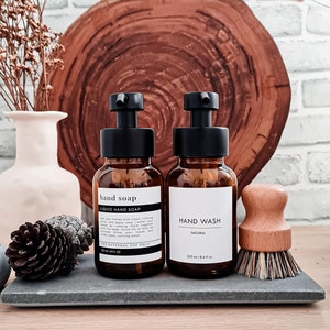 Clean & Modern  Minimal Foaming Hand Soap/Hand Wash Dispenser, Amber Glass with Matt Black and Stainless Steel Metal Pump , Waterproof label