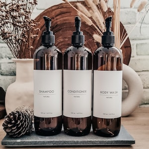Individual Clean Minimalist Bathroom & Kitchen Bottles w/waterproof labels// Tall 500ml Amber Bottles //Home Décor // Housewarming Gifts