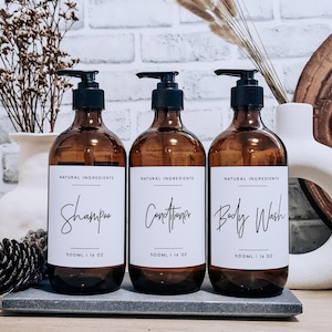 Stylish Amber glass Bathroom & Kitchen Bottles w/waterproof labels// 500ml Refillable //Home Decor// Housewarming Gift