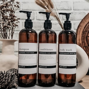 Individual Modern Minimalist Bathroom & Kitchen Bottles w/waterproof labels// Tall 500ml Amber Bottles //Home Decor // Housewarming Gifts