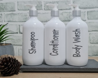 Silver Matte Pump Bathroom Bottles w/ Personalised Labels | Short White 500ml/Soap Dispenser/Bathroom Decor