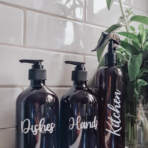 Kitchen Bottles, Hand Wash Dispenser/ Sink Bottles Amber Tint 500ml//Personalised Labels //Kitchen Decor/Refillable Pump Bottles image 4