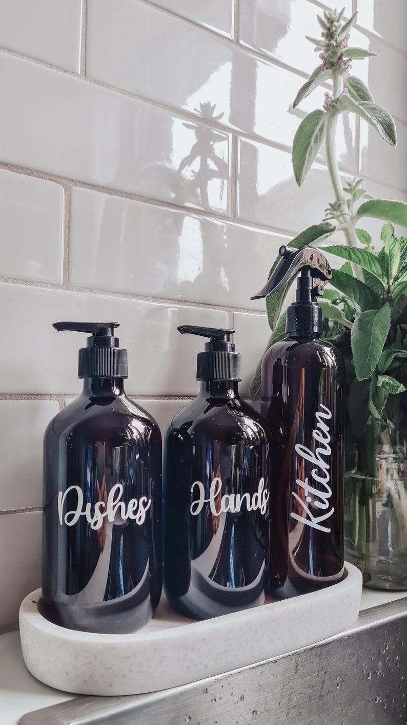 Kitchen Bottles, Hand Wash Dispenser/ Sink Bottles Amber Tint 500ml//Personalised Labels //Kitchen Decor/Refillable Pump Bottles image 4