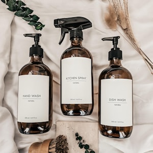 Amber Glass Soap dispenser 500ml // Clean Minimalist Waterproof Label w/ Lotion pump // Reusable//Kitchen//Bathroom Bottle