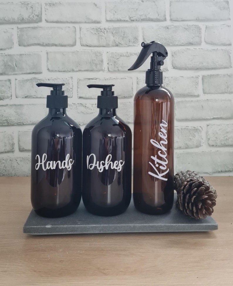 Kitchen Trio Set 500ml Amber Tint //Kitchen Bottles// Sink Bottles, Hand Wash Dispenser//Kitchen Spray Bottle// Refillable Bottles image 2