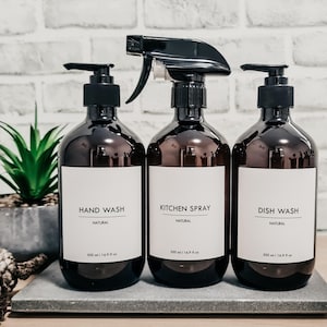 Clean Minimalist Bathroom & Kitchen Bottles w/Lotion pump dispenser// Waterproof labels//500ml Refillable Amber Bottles