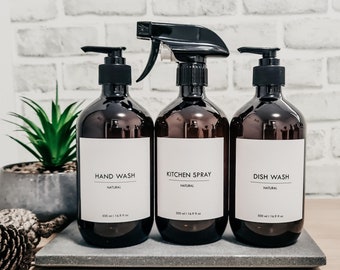 Clean Minimalist Bathroom & Kitchen Bottles w/Lotion pump dispenser// Waterproof labels//500ml Refillable Amber Bottles