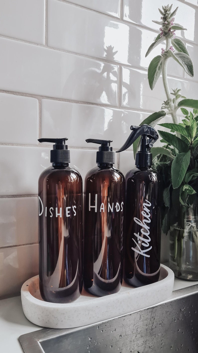 Kitchen Bottles, Hand Wash Dispenser/ Sink Bottles Amber Tint 500ml//Personalised Labels //Kitchen Decor/Refillable Pump Bottles image 2