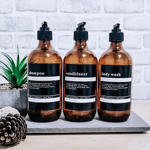 Glass Soap dispenser w Modern Minimalist Waterproof labels // Amber glass 500ml//Refillable//Bathroom Decor//Housewarming Gifts