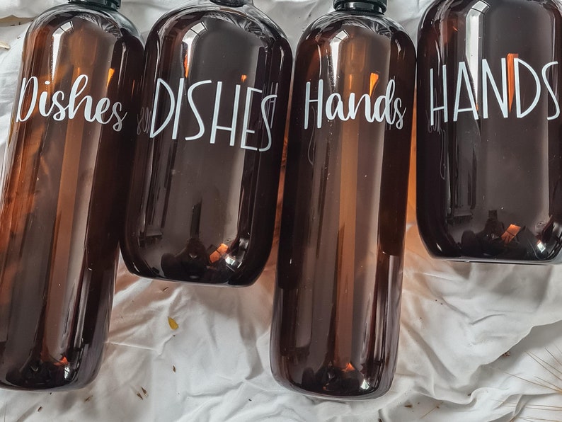 Kitchen Bottles, Hand Wash Dispenser/ Sink Bottles Amber Tint 500ml//Personalised Labels //Kitchen Decor/Refillable Pump Bottles image 6