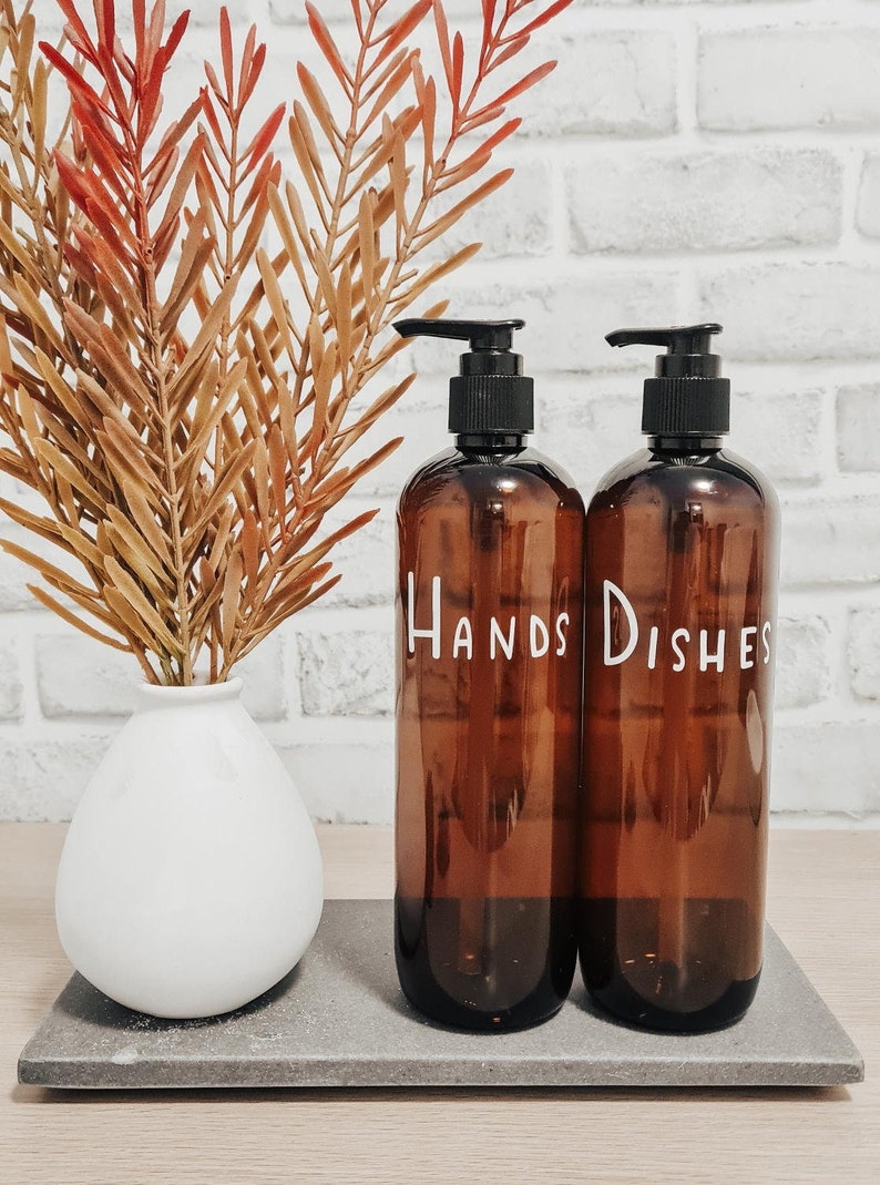 Kitchen Bottles, Hand Wash Dispenser/ Sink Bottles Amber Tint 500ml//Personalised Labels //Kitchen Decor/Refillable Pump Bottles image 3