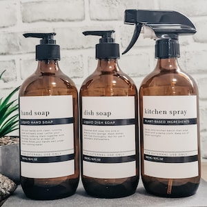 Amber Glass Soap dispenser w  Modern Minimalist Waterproof labels //500ml// Refillable//Bathroom Decor //Housewarming Gifts