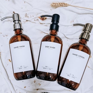 Amber Glass Bottle w High quality Rust Proof Metal pump 500ml | Waterproof printed Minimalist Label | Housewarming Gift