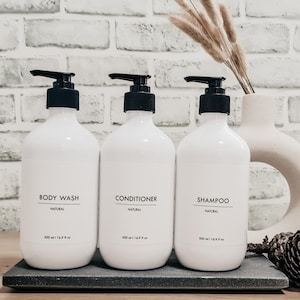 Clean Minimalist Bathroom & Kitchen Bottles w/Lotion pump dispenser// Waterproof labels//500ml Refillable White Bottles