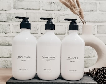 Bouteilles de salle de bains et de cuisine minimalistes propres avec distributeur de pompe à lotion//Étiquettes imperméables//Bouteilles blanches rechargeables de 500 ml