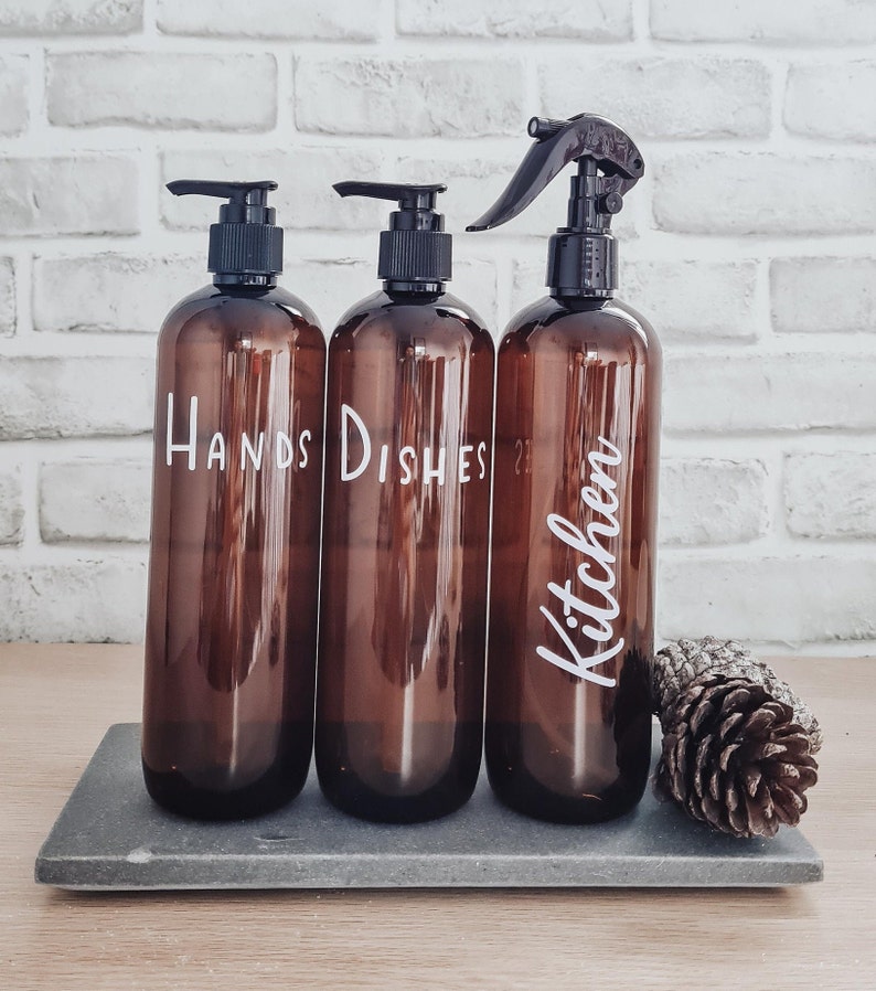 Kitchen Trio Set 500ml Amber Tint //Kitchen Bottles// Sink Bottles, Hand Wash Dispenser//Kitchen Spray Bottle// Refillable Bottles image 4