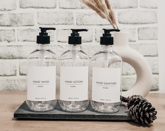 Clean Minimalist Bathroom & Kitchen Bottles w/Lotion pump dispenser// Waterproof labels//500ml Refillable Clear PET Plastic Bottles