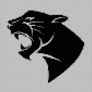 Könnte beinhalten: Eine schwarz-weiße Silhouette eines Pantherkopfes mit offenem Maul, das seine Zähne zeigt. Der Panther blickt nach links.