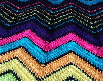 Rainbow After Dark Chevron Crochet Blanket Pattern. Rainbow Ripple Afghan PDF.