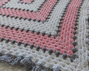 Crochet Blanket Pattern Blushing Haze Ruffle Throw. PDF, Pink White Heather Gray. Ruffled Edge.