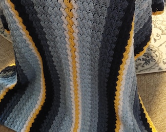 Homestead Horizon Stripe Crochet Blanket Pattern. Textured Afghan. Blue Stripe. Farmhouse Style Throw.