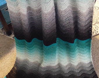 Crochet Blanket Pattern, Midnight Tide Ombre: Sea Green Wave Afghan (PDF Download)