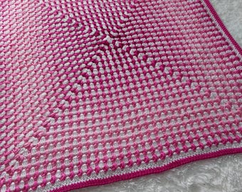Crochet Blanket Pattern, Sweet Sorbet Fade Pink Ombre & White, Textured Square Throw, PDF Crochet.
