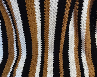 Crochet Blanket Pattern Modern Vertical Stripe. Textured Black, White & Camel Throw. Easy PDF.