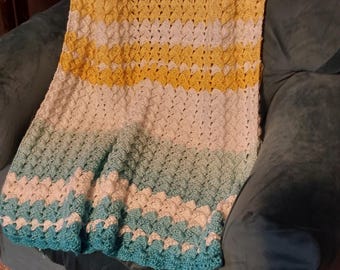 Sunlit Horizons Crochet Blanket Pattern. Ombre Aqua & Yellow Striped Throw. Highly Textured