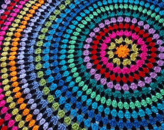 Serape Fiesta Round Crochet Blanket Pattern, Multi-Color & Black, Mexican Style, Throw or Rug, PDF.
