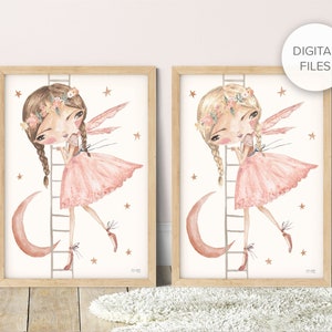 DIGITAL FILE of Pip+Phee Luna Fairy Ladder Princess Print (Blonde & Brunette) - Printable Art - Files Only