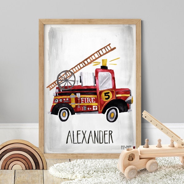 Pip+Phee Vintage Firetruck - Fireman Wall Print - Personalised