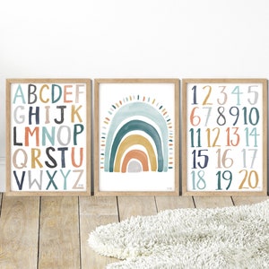 Pip+Phee Rainbow Alphabet Numbers, Teal, Mustard & Rust Playroom Set of Prints