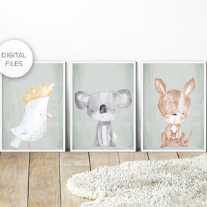 DIGITAL FILES - Pip+Phee Australian Animals Set of Prints - Olive - Koala, Kangaroo, Cockatoo