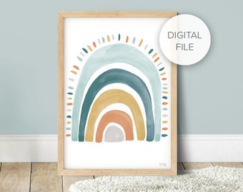 Puede incluir: Una impresión digital de un arcoíris con texturas como de acuarela en tonos de azul, verde, amarillo, naranja y gris. El arcoíris está rodeado de pequeños puntos de varios colores.