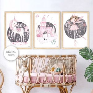 May include: Three framed watercolor prints with a pink and white color scheme. The prints feature a unicorn, a castle, and a fairy. The prints are set against a dark blue background with stars.