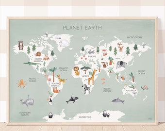 Pip+Phee World Map - Planet Earth with Animals - Sage