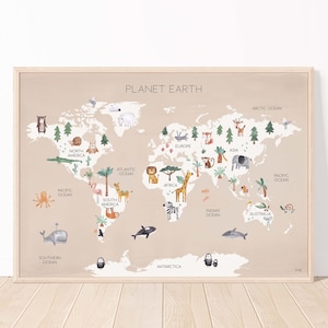 Carte du monde Pip+Phee - Planète Terre avec animaux - Beige