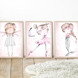 Pip+Phee Fairy, Ballerina & Mermaid Art Print Pink Set - Girls Nursery