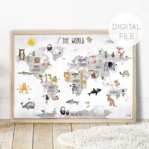 Fichier numérique de Pip+Phee Carte du monde avec animaux imprimables - Baby Nursery Playroom Decor Art