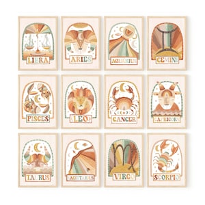 Pip+Phee Horoscope Zodiac Art Prints - Neutral - Leo Capricorn Aquarius Virgo Libra Gemini Taurus Aries Cancer Scorpio Pisces Sagittarius