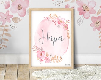 Pip+Phee Personalised Floral Wall Print - Baby Girl Nursery Playroom Decor Art